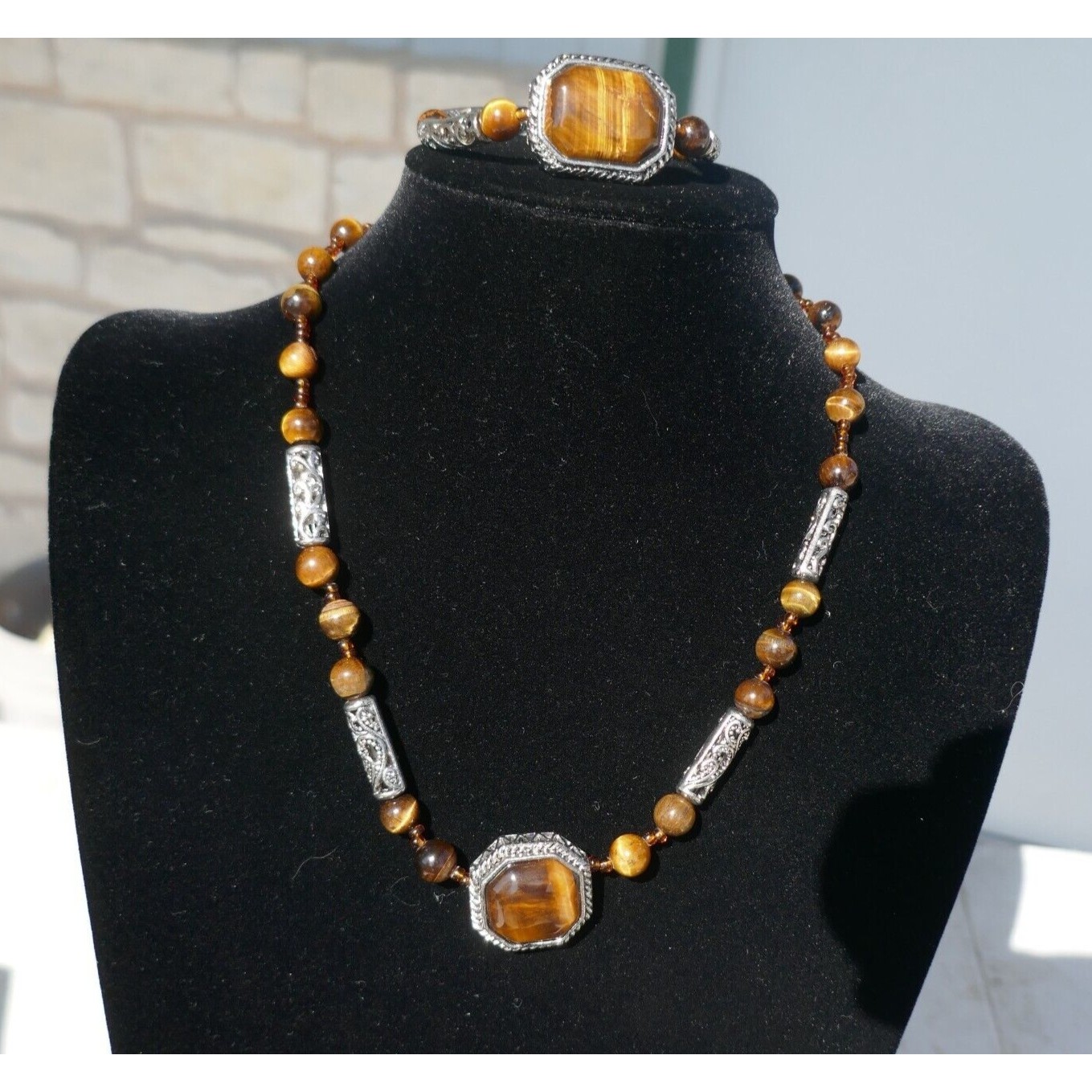 Vintage Tiger's Eye Necklace Bracelet Set Brown Silvertone Beaded 18 Inch
